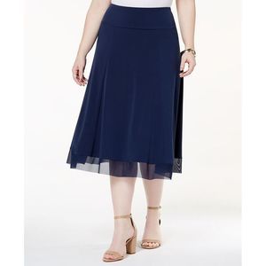JM Collection Women's Plus Mesh-Hem MIDI Skirt Blue Size 3X